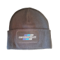 Preview: Schwarze Strick-Wintermütze mit umgeschlagenem Rand und aufgenähtem raceparts.cc-Logo in Blau, Türkis und Weiß.