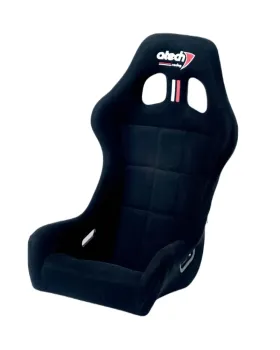 Schwarzer Atech EASY Rennsitz mit gepolsterter Sitzfläche, integrierten Seitenwangen und Gurtdurchführungen für den Motorsport.