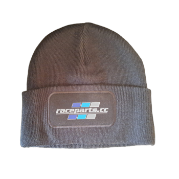 Schwarze Strick-Wintermütze mit umgeschlagenem Rand und aufgenähtem raceparts.cc-Logo in Blau, Türkis und Weiß.