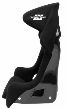 Seitenansicht schwarzer raceparts.cc® Matrix Rennsportsitz mit ausgeprägtem Seitenhalt, Kopfstütze und Gurtdurchführungen für den Motorsport.