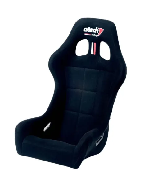 Schwarzer Atech EASY Rennsitz mit gepolsterter Sitzfläche, integrierten Seitenwangen und Gurtdurchführungen für den Motorsport.
