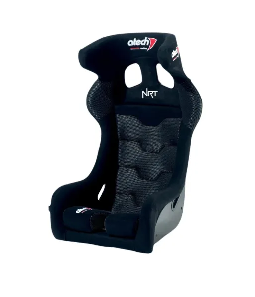 Black Atech North racing seat with padded upholstery, integrated side bolsters and harness slots for motorsport.