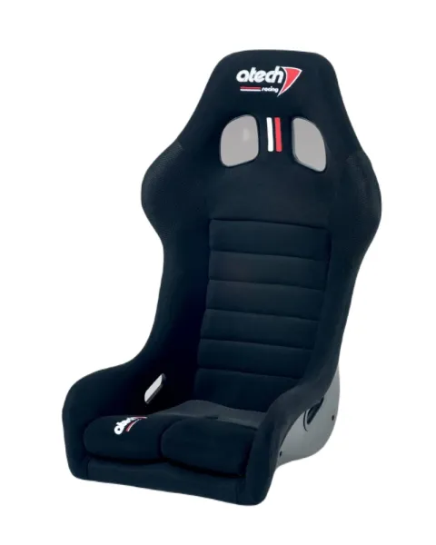 Schwarzer atech RSR Rennsitz mit gepolsterter Sitzfläche, integrierten Seitenwangen und Gurtdurchführungen für den Motorsport.