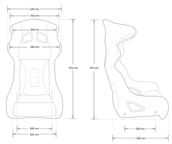 Technische Zeichnung des Matrix Rennsitzes mit Vorder- und Seitenansicht sowie Abmessungen in Millimetern und Zoll. Höhe 960 mm, Breite 600 mm und Tiefe 540 mm.