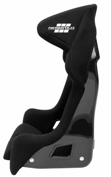 Seitenansicht schwarzer raceparts.cc® Matrix Rennsportsitz mit ausgeprägtem Seitenhalt, Kopfstütze und Gurtdurchführungen für den Motorsport.